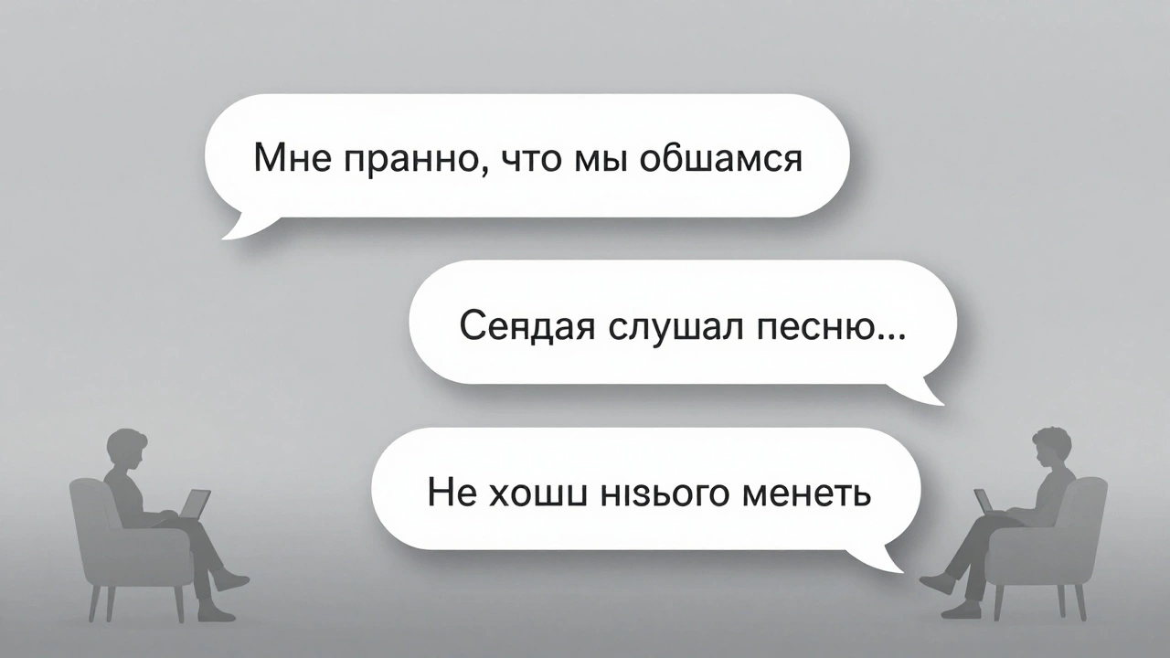 Три текстовых облака с фразами о тихом общении, вокруг них силуэты людей, одиноко сидящих дома.