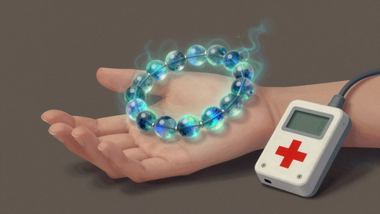 Турмалиновый браслет в воздухе с едва заметными электрическими частицами, рядом — кардиостимулятор с предупреждающим символом.