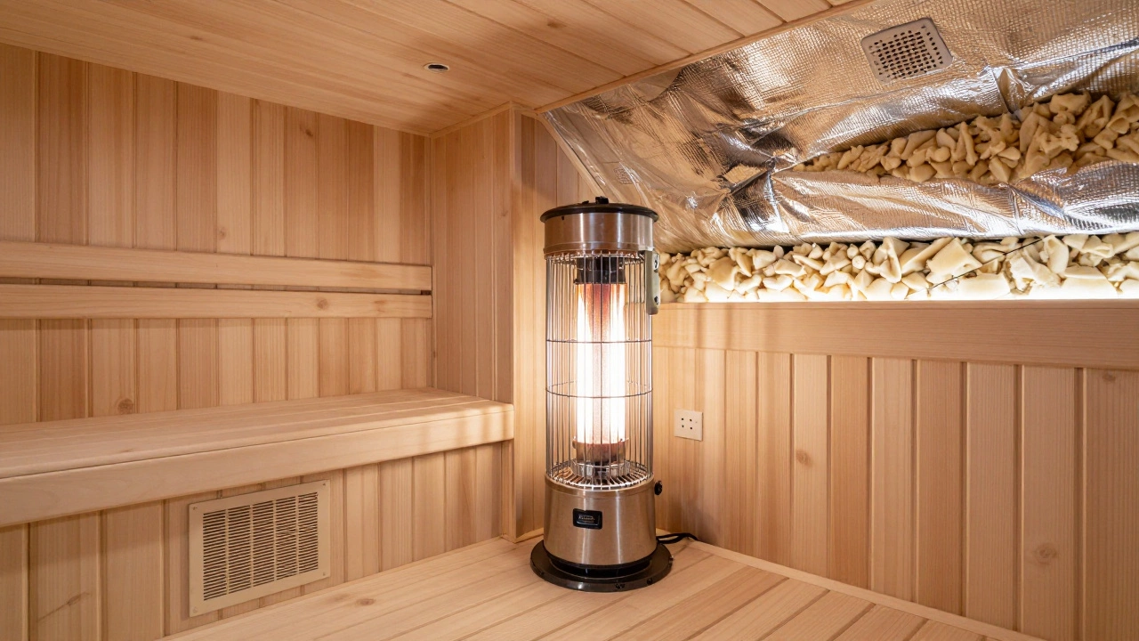Внутренний вид сауны: электрическая печь, деревянные панели, изоляция и вентиляционные решётки на стенах.