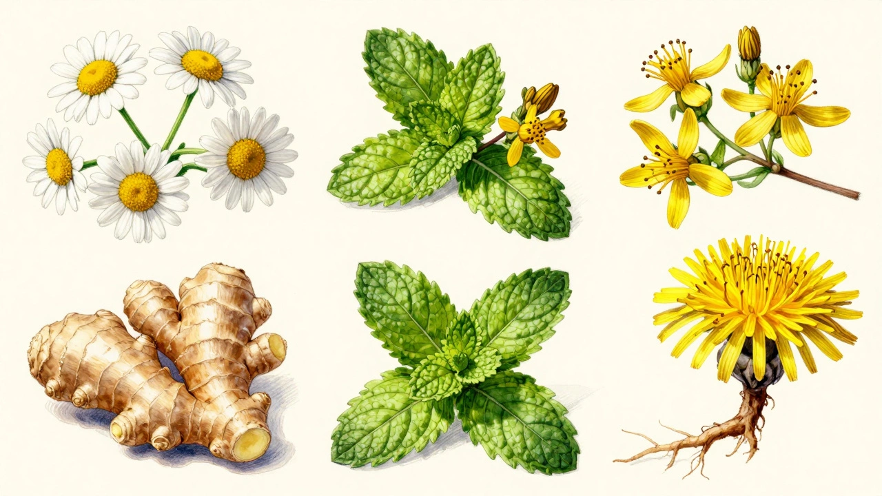 Ботаническая иллюстрация пяти целебных трав