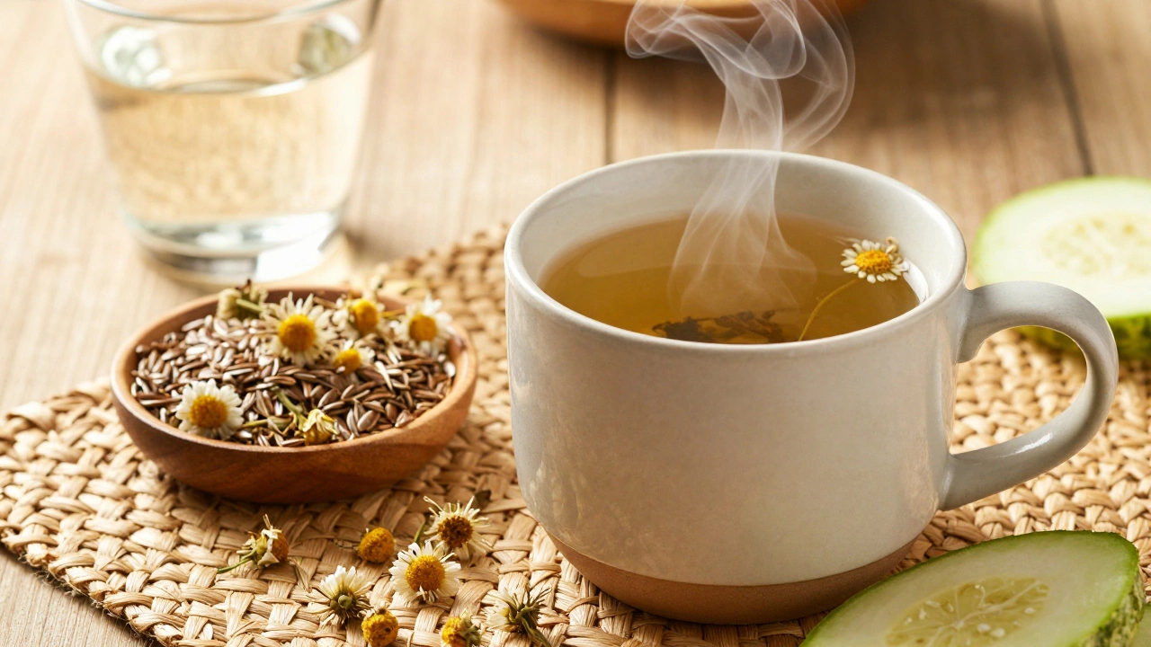 Чашка горячего травяного чая с сухими цветами ромашки вокруг.