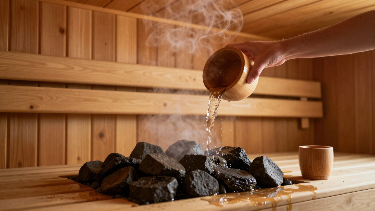 Человек льет воду на раскаленные камни в сауне, пар мягко поднимается, вокруг только натуральное дерево и тихий свет.