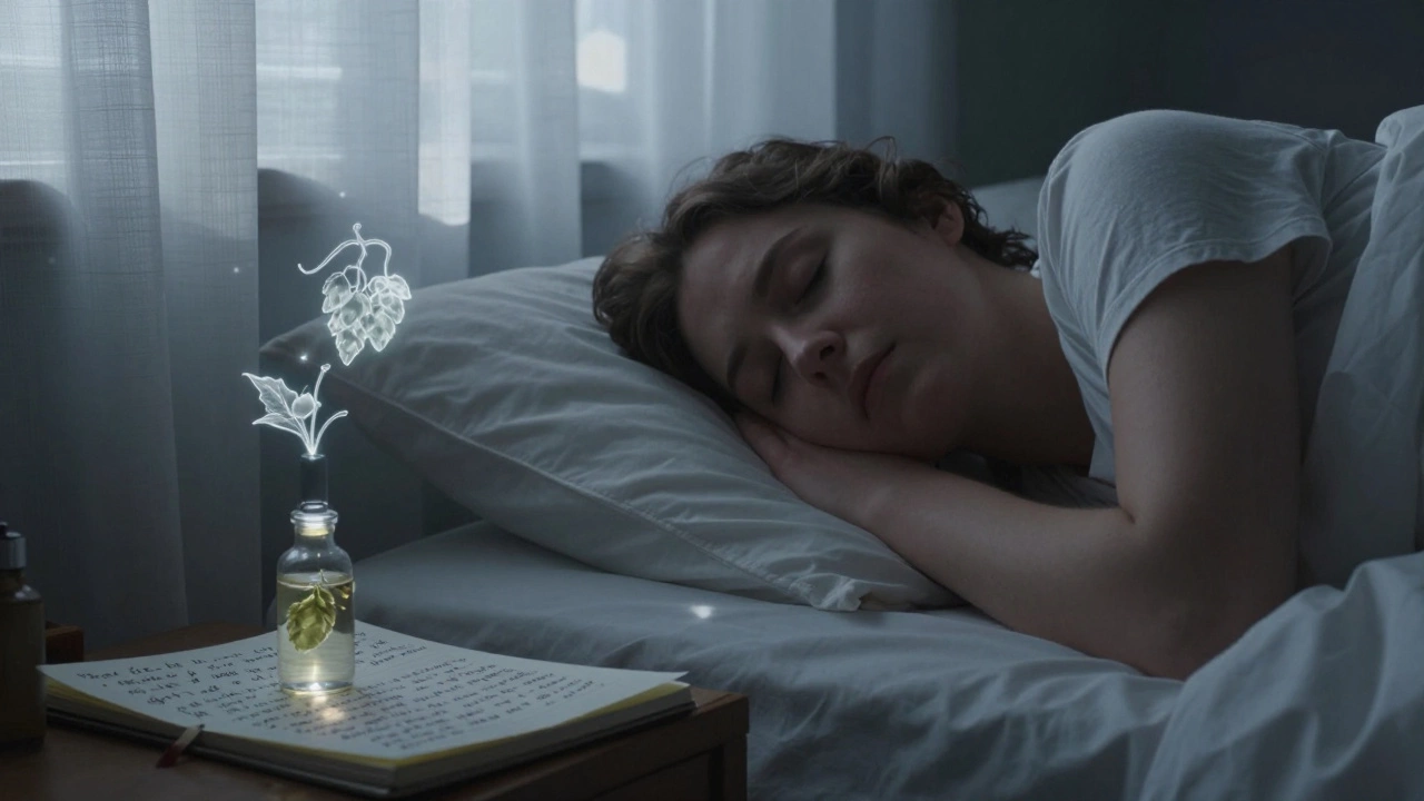 Человек спит в постели, в комнате лунный свет, рядом — баночка с хмелем и записки о сне.