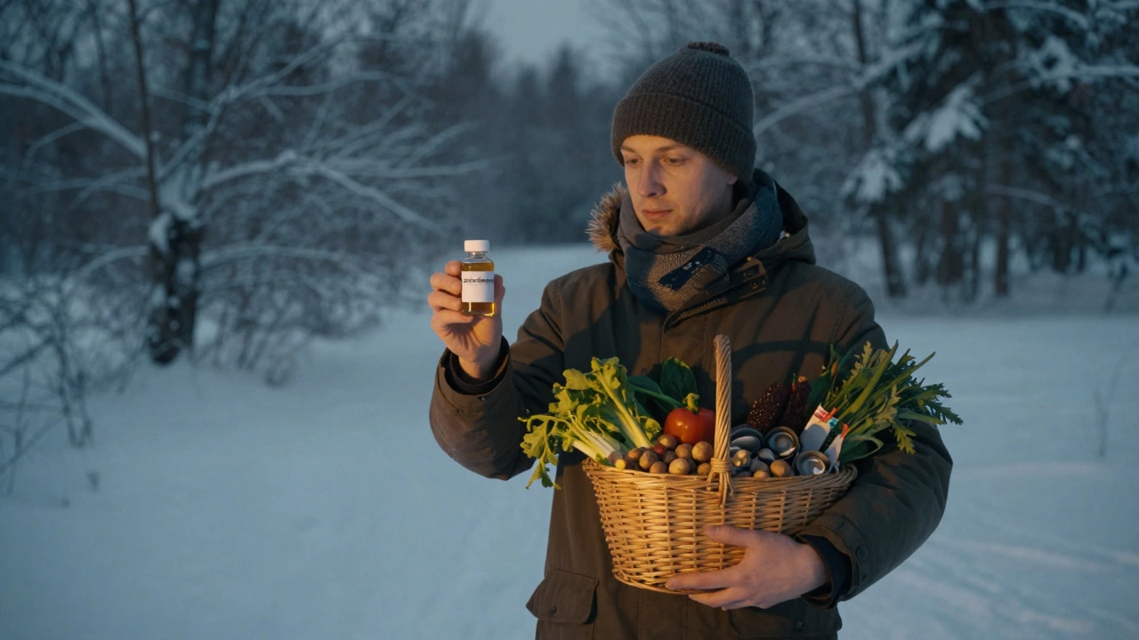 Человек в зимнем ландшафте держит корзину с продуктами и флакон с микроэлементами — символ питания против дефицита.