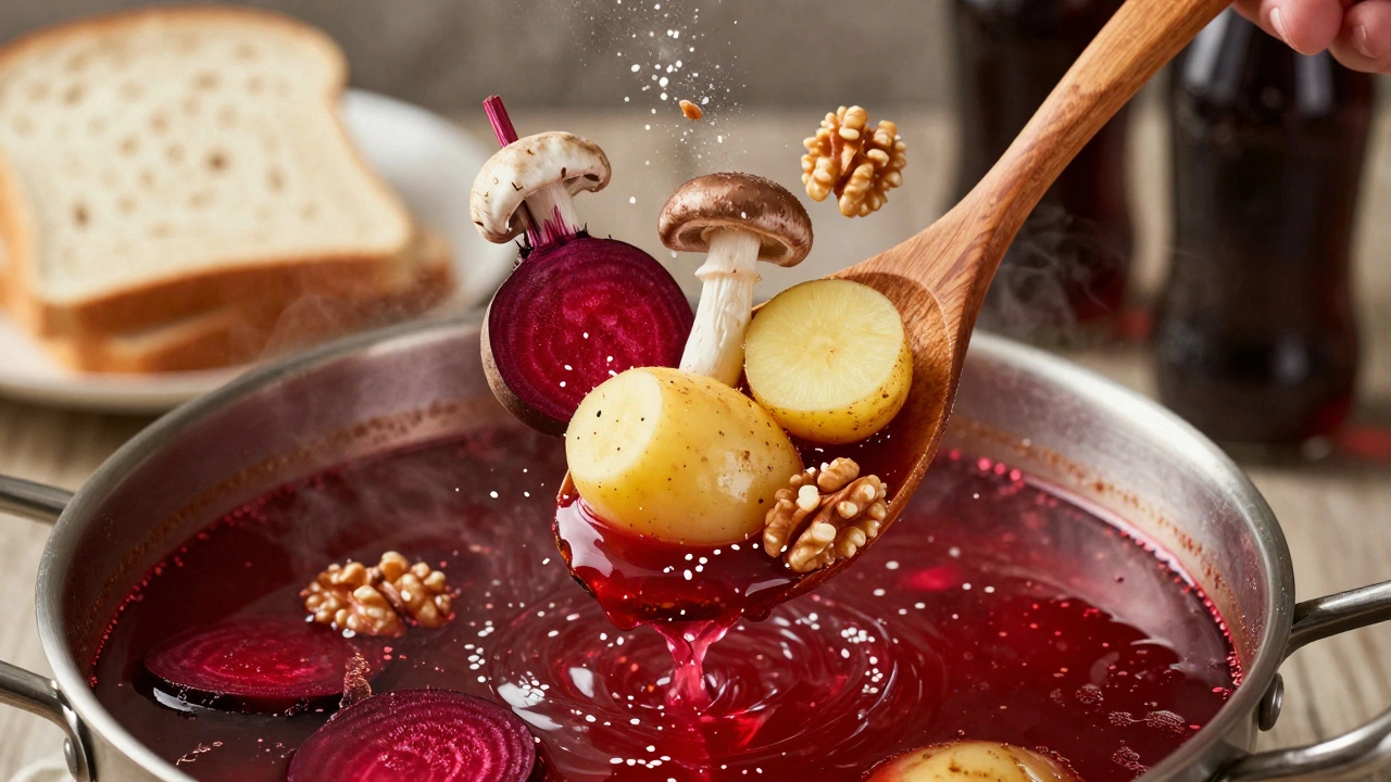 Деревянная ложка мешает борщ с плавающими ингредиентами, символизирующими минералы, на фоне исчезающих упаковок фастфуда.