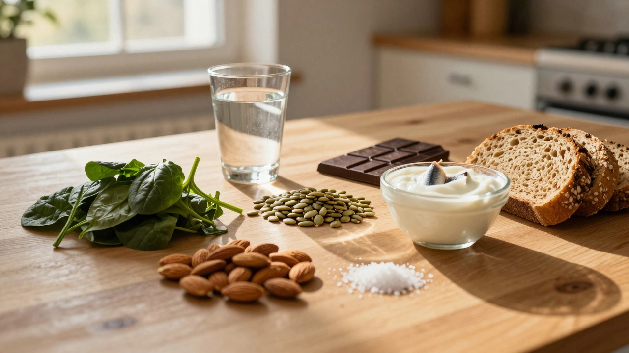 Деревянный стол с натуральными продуктами, богатыми минералами: шпинатом, орехами, семечками и йодированной солью