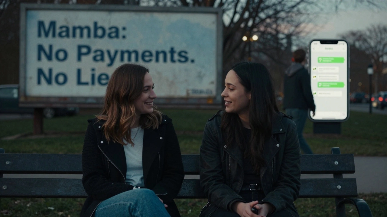 Два человека говорят на скамейке, за спиной — плакат 'Нет платы. Нет лжи'.