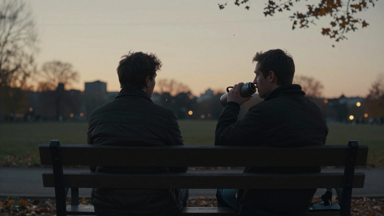 Два мужчины сидят на скамейке в парке на закате, молча, рядом — чашка чая и падающие листья.