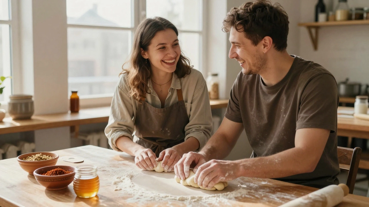 Двое готовят татарский десерт вместе, смеются, руки в муке, солнечный свет в студии.