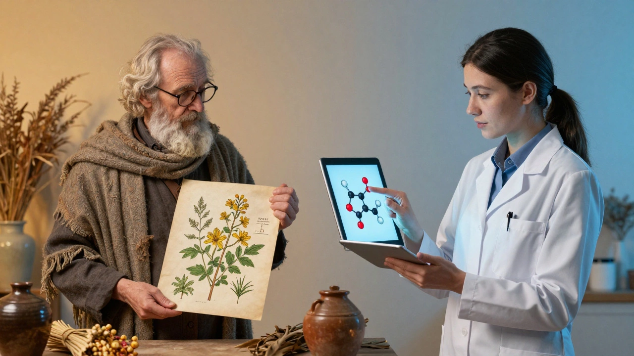 Двойной портрет: традиционный травник и современный фитотерапевт, символизирующие два подхода к лечению травами.