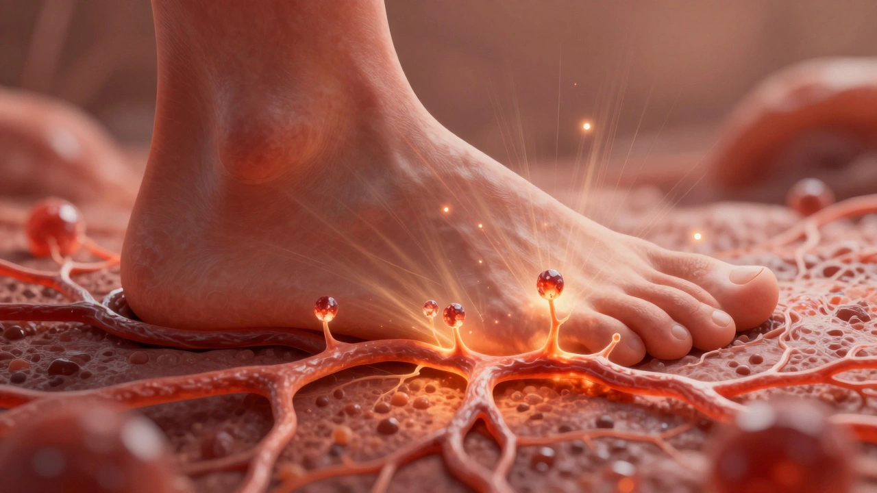 Микроскопический вид расширяющихся капилляров в стопе под воздействием инфракрасного излучения.
