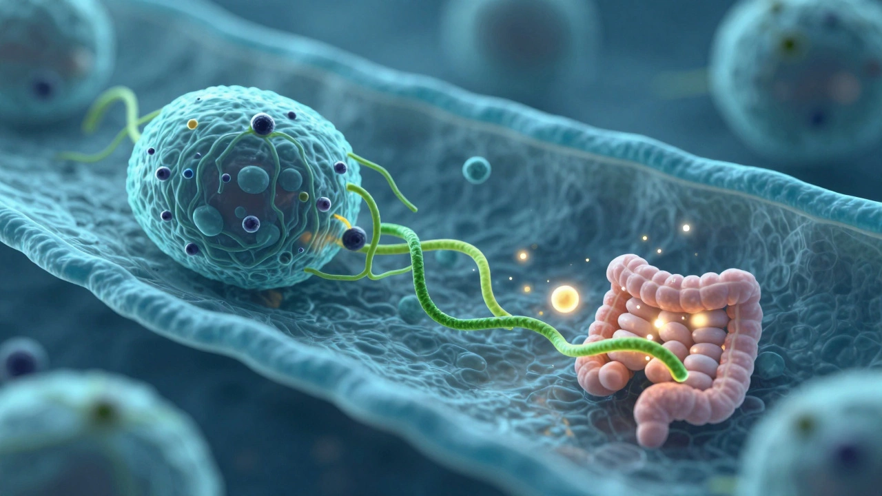 Микроскопическое изображение клетки, где спирулина связывает тяжелые металлы, предотвращая их всасывание.