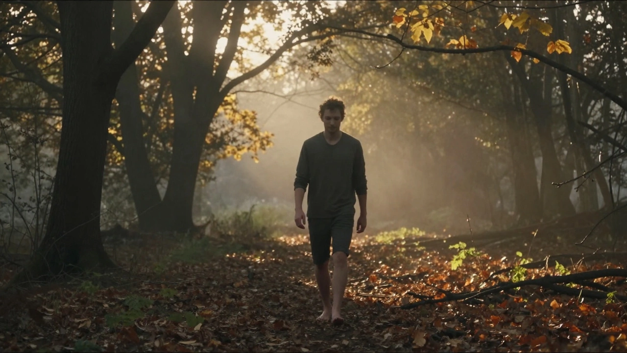 Мужчина идёт по лесу вечером, солнечные лучи сквозь ветки, листва под ногами, без техники.