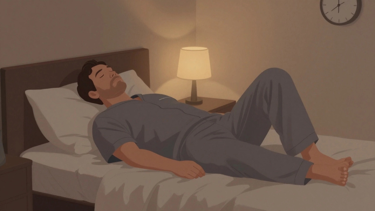 Мужчина расслабляет мышцы в кровати, отпуская напряжение от ног до лица, тёплый свет и спокойная атмосфера.