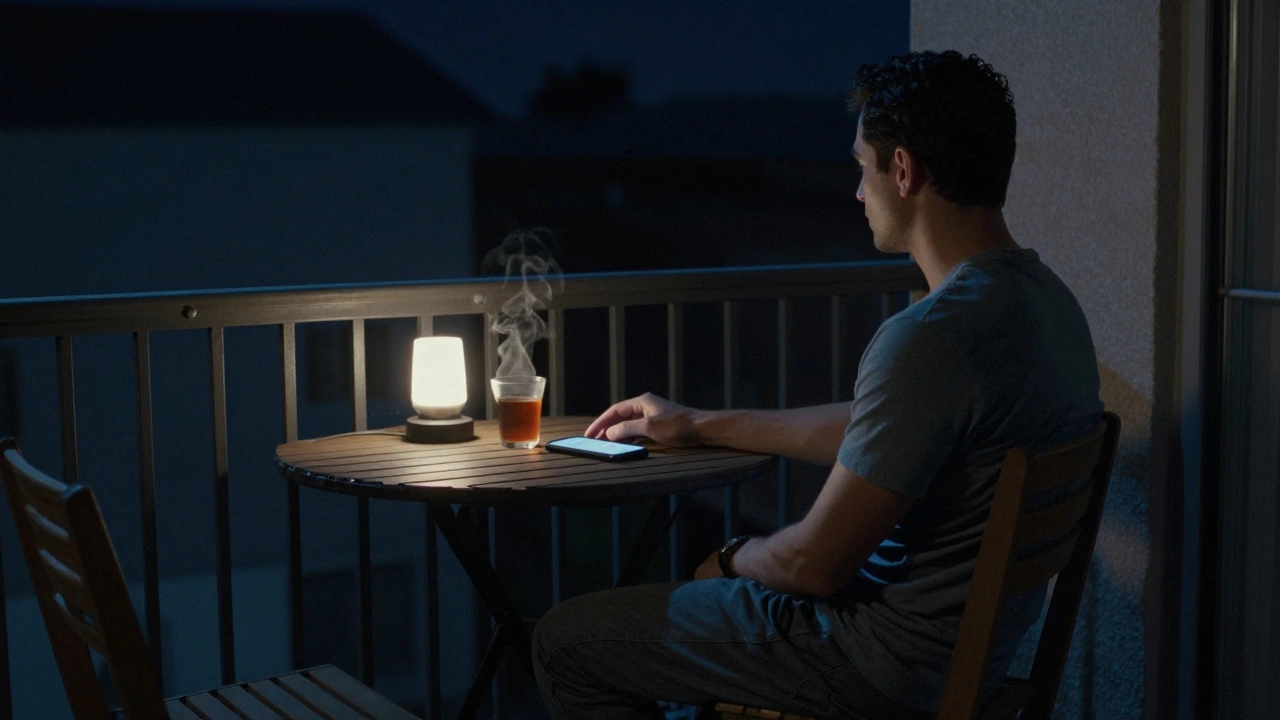 Мужчина сидит на балконе ночью, телефон лежит рядом, чашка чая дымится, вокруг — тишина и прохладные тени.