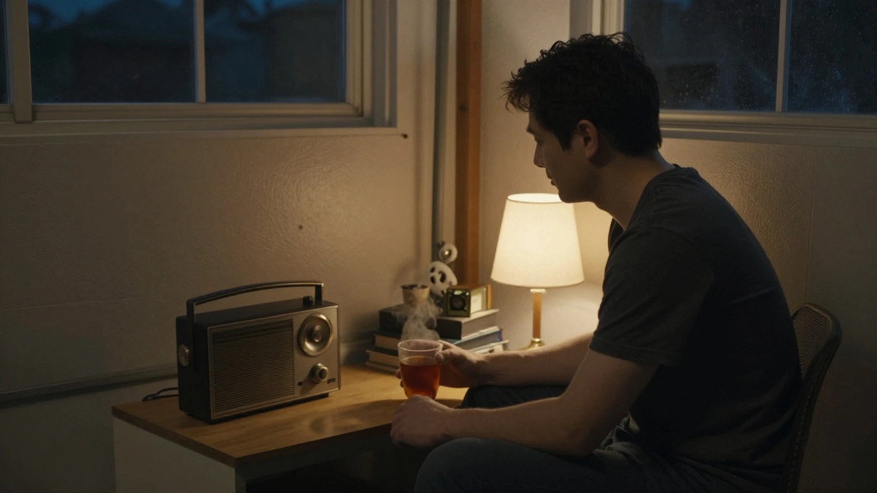 Мужчина сидит в гараже наедине с собой, рядом чашка чая и старый радиоприёмник.