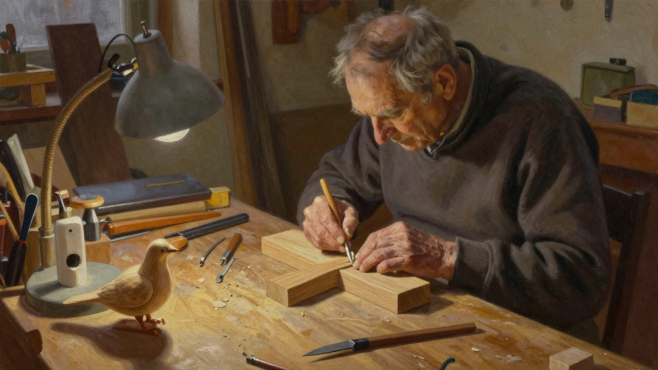Мужчина в мастерской вырезает деревянную фигурку, вокруг — инструменты и тёплый свет лампы.