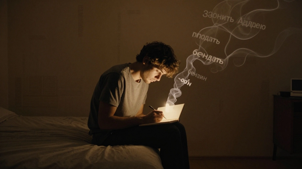 Мужчина записывает мысли на бумаге ночью, мысли в виде полупрозрачных слов вокруг него, тусклый свет лампы.