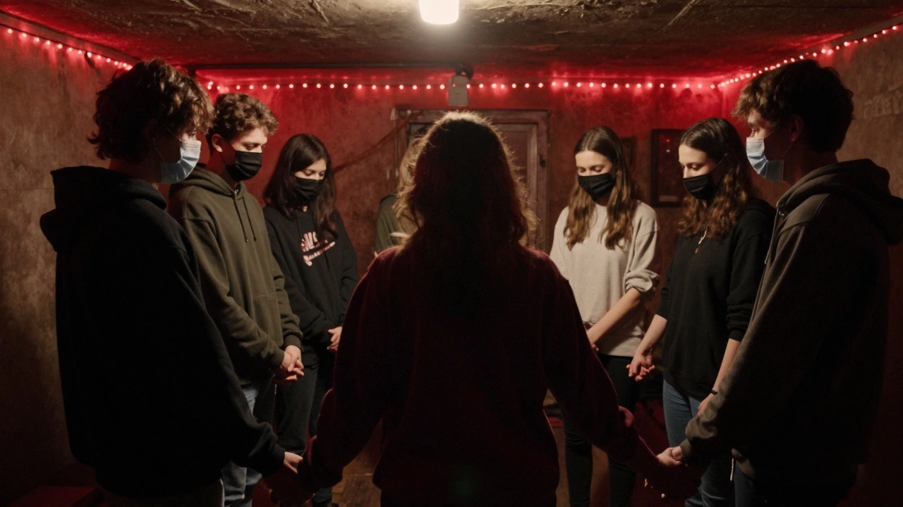 Небольшая группа людей в подвале стоят в кругу, держась за руки, лица скрыты, тусклый свет.