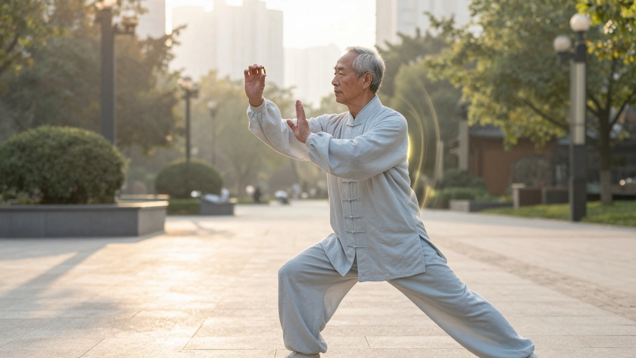 Пожилой мужчина занимается тайцзи в парке, держа капсулу кордицепса, символизируя восстановление энергии.