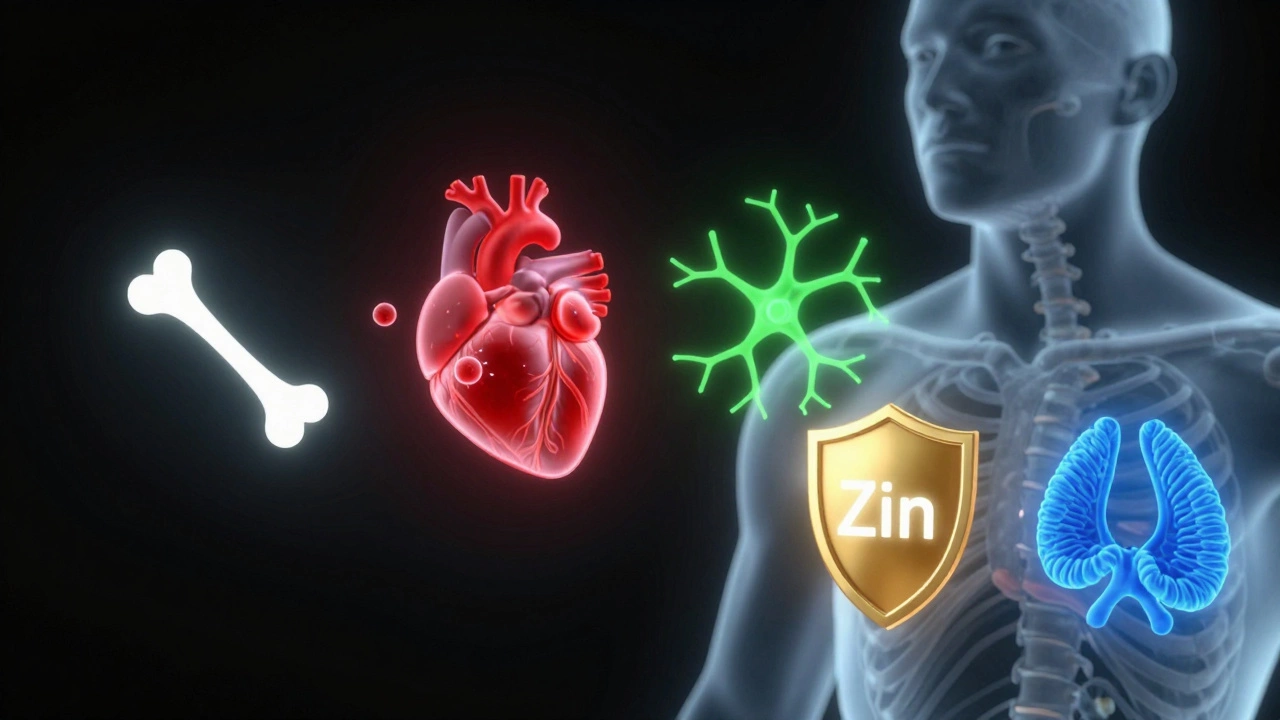 Прозрачное тело с пятью светящимися элементами: кальций, железо, магний, цинк и йод, расположенные рядом с органами.