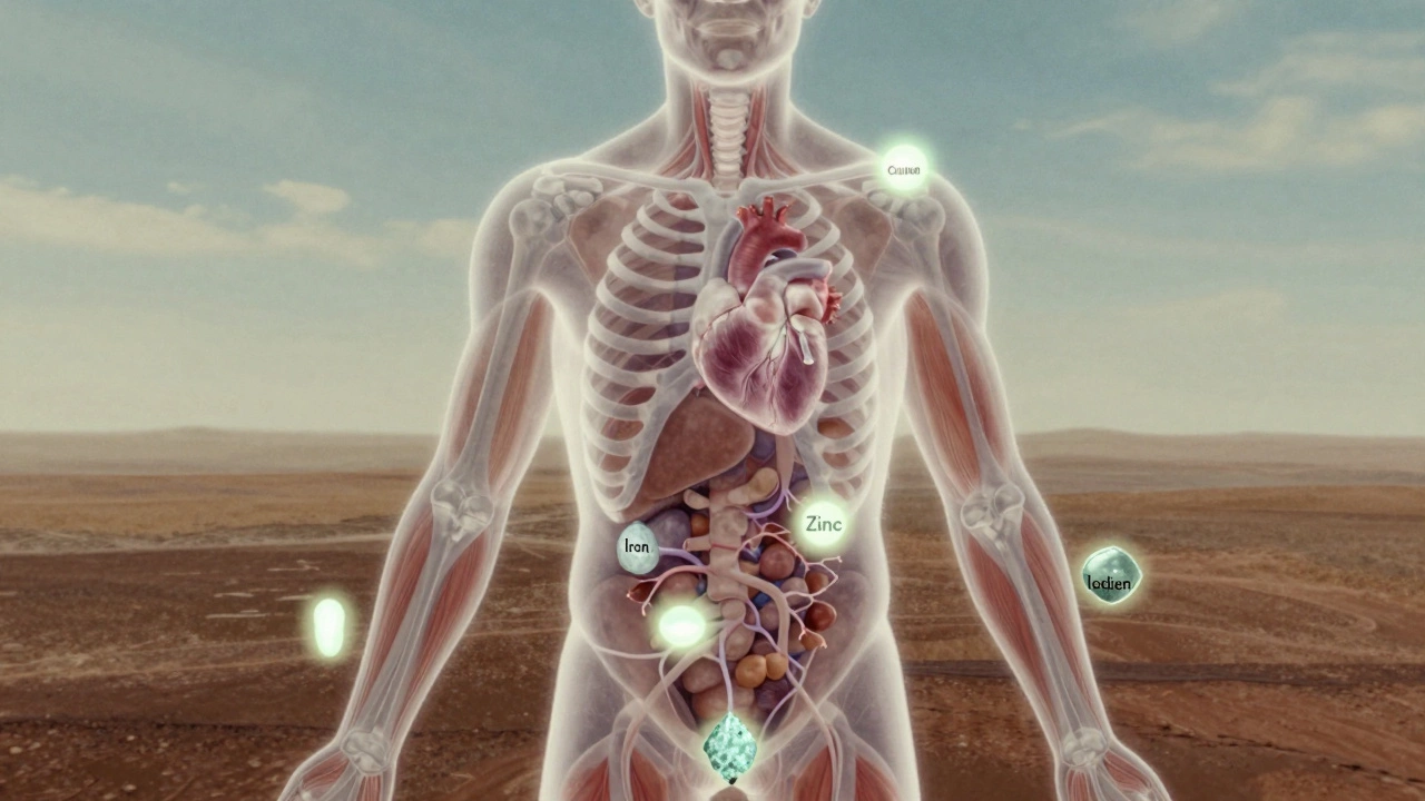 Прозрачный силуэт человека с семьей светящихся минералов, расположенных рядом с органами тела.