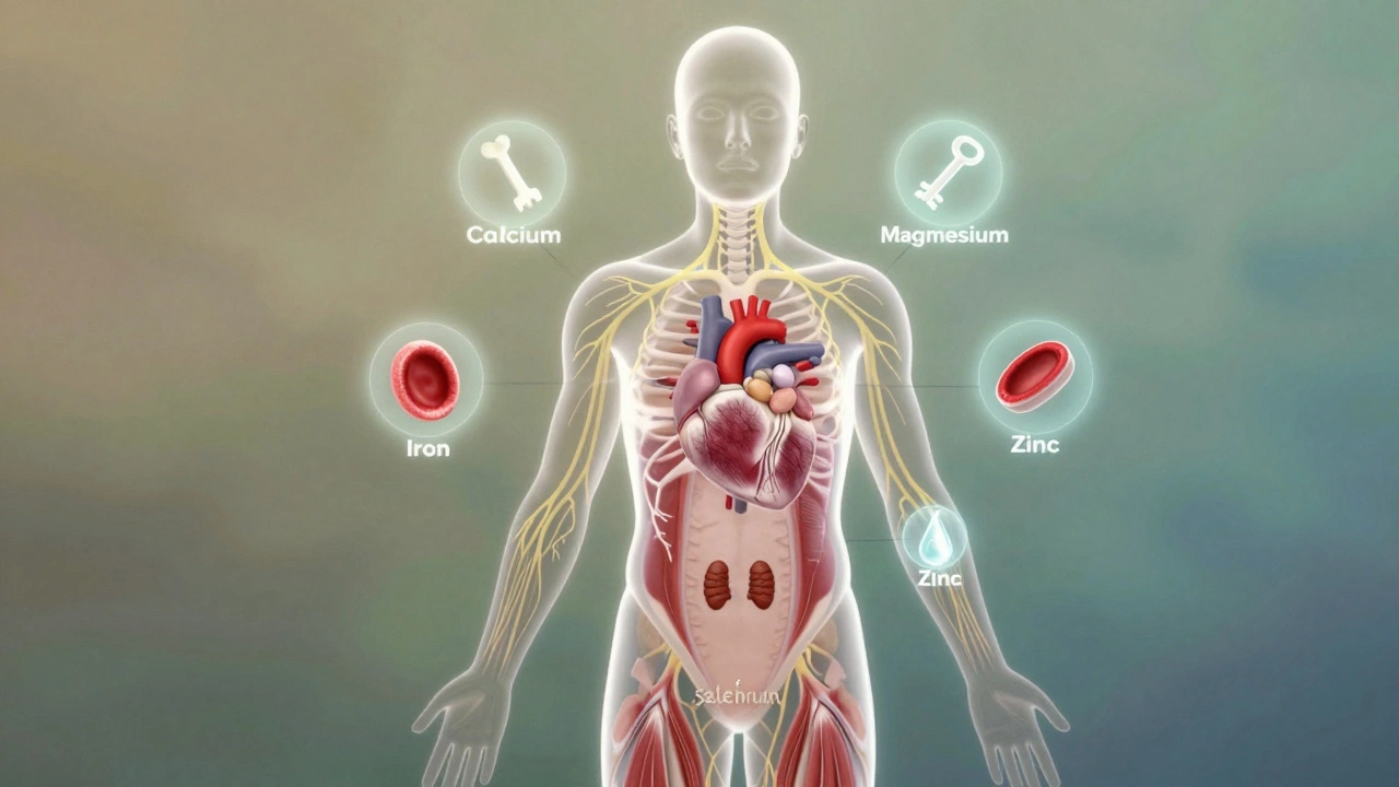 Прозрачный силуэт человека с внутренними светящимися символами минералов: кальций в костях, магний в нервах, железо в крови, калий в сердце.