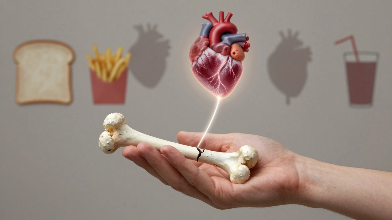 Разбитая кость, соединённая светящейся нитью с сердцем и щитовидной железой, на фоне тусклых силуэтов переработанных продуктов