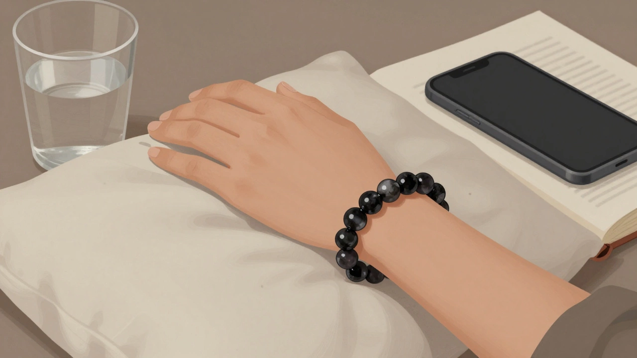 Рука на подушке с настоящим браслетом из черного турмалина и предметами вечернего ритуала.