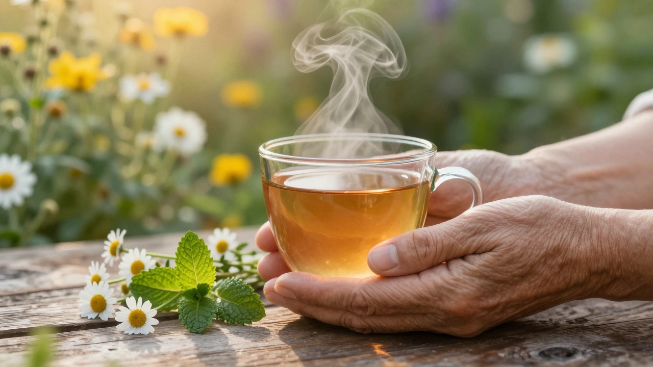 Руки держат стакан травяного чая на природе