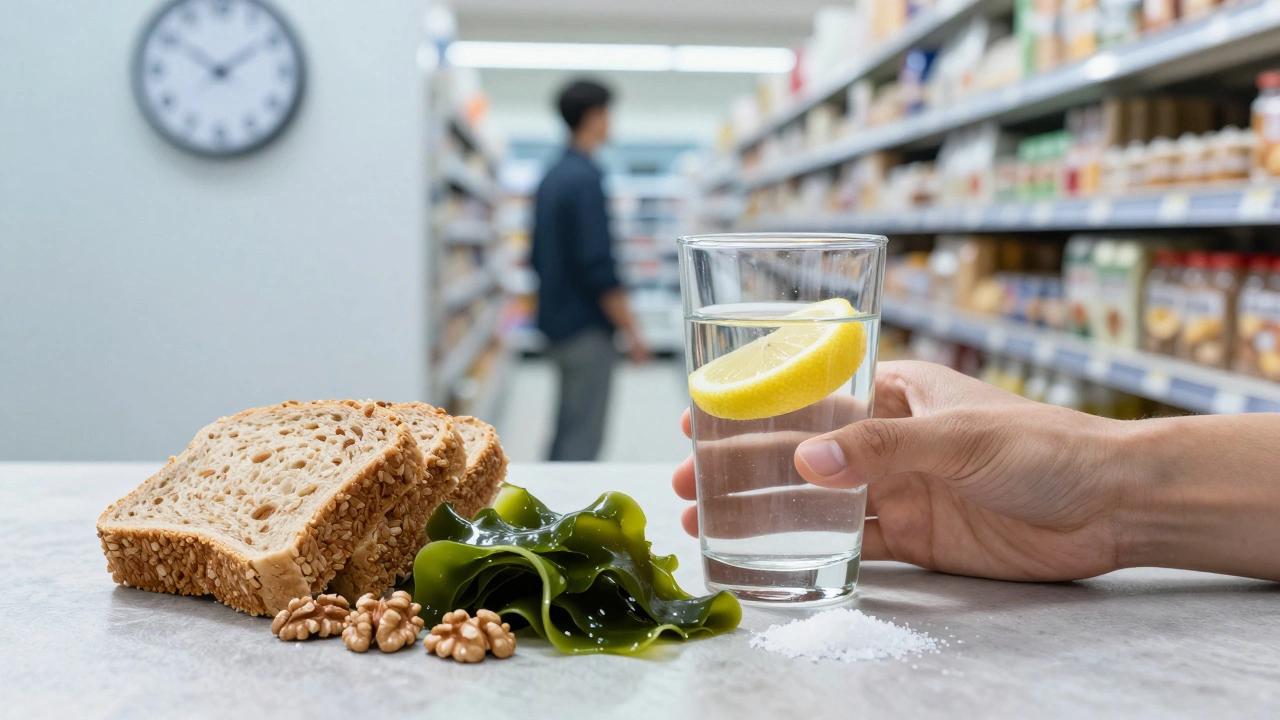 Руки держат стакан воды с лимоном и натуральные продукты, на фоне — упакованные продукты в супермаркете.