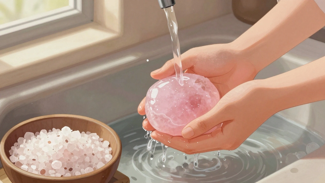 Руки моют розовый камень водой рядом с солью, ритуал очищения оберега.