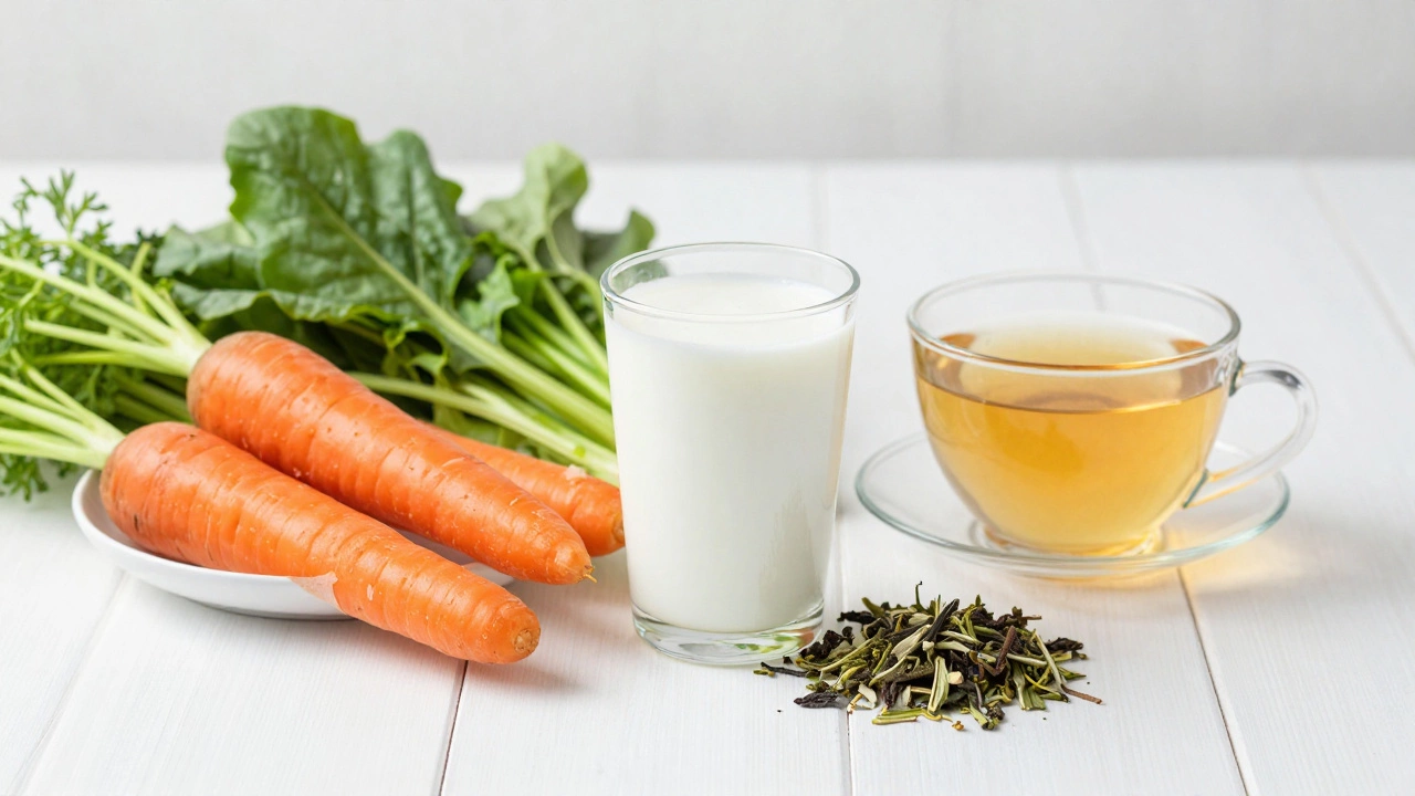 Стакан кефира, овощи и чашка чая на столе при дневном свете.