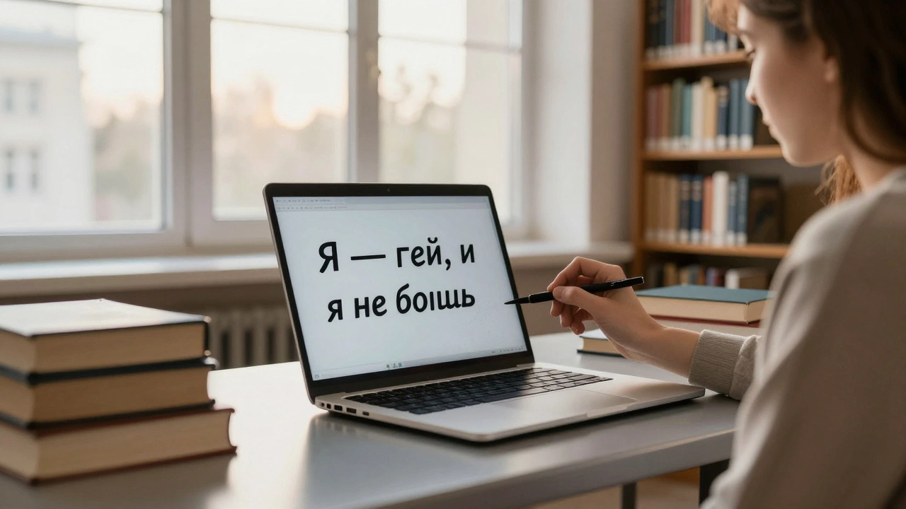 Студент в библиотеке пишет на ноутбуке фразу 'Я — гей, и я не боюсь', вокруг книги по социологии.