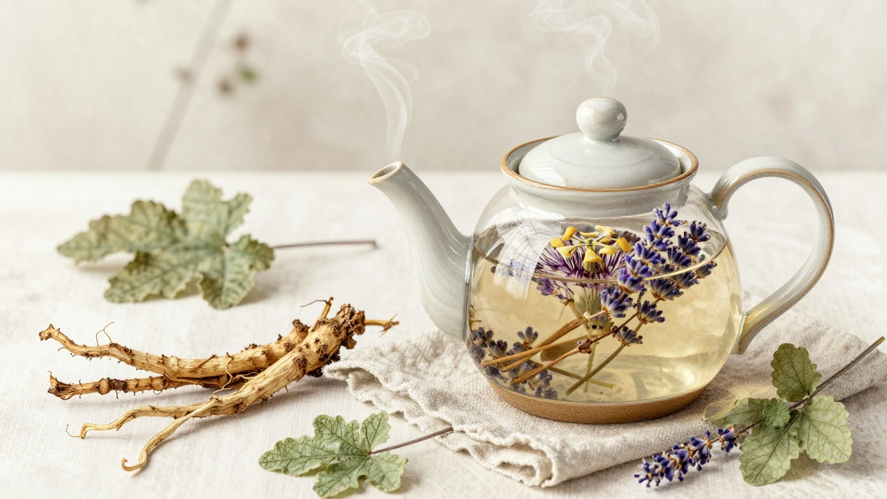 Сухие травы — валериана, лаванда, пассифлора и мелисса — завариваются в керамическом чайнике.