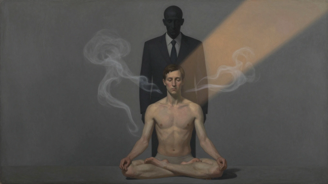 Тень строгого мужчины в костюме нависает над расслабленным мужчиной в медитации, вокруг — дымчатые голоса прошлого.