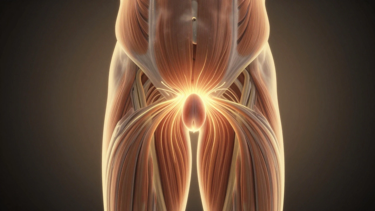 Теплые волны расслабления расходятся от простаты по телу, символизируя снятие напряжения.