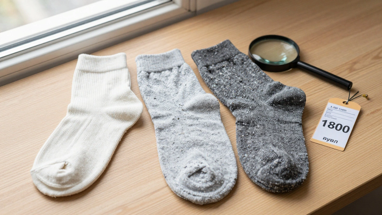 Три пары носков: обычные, синтетические и с турмалином — рядом сертификат и цена 1800 рублей.