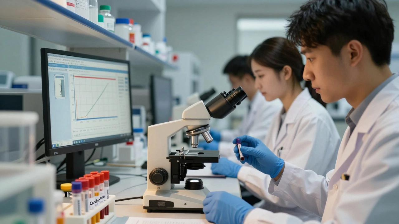 Учёные в лаборатории анализируют экстракт кордицепса с помощью микроскопа и цифровых данных.