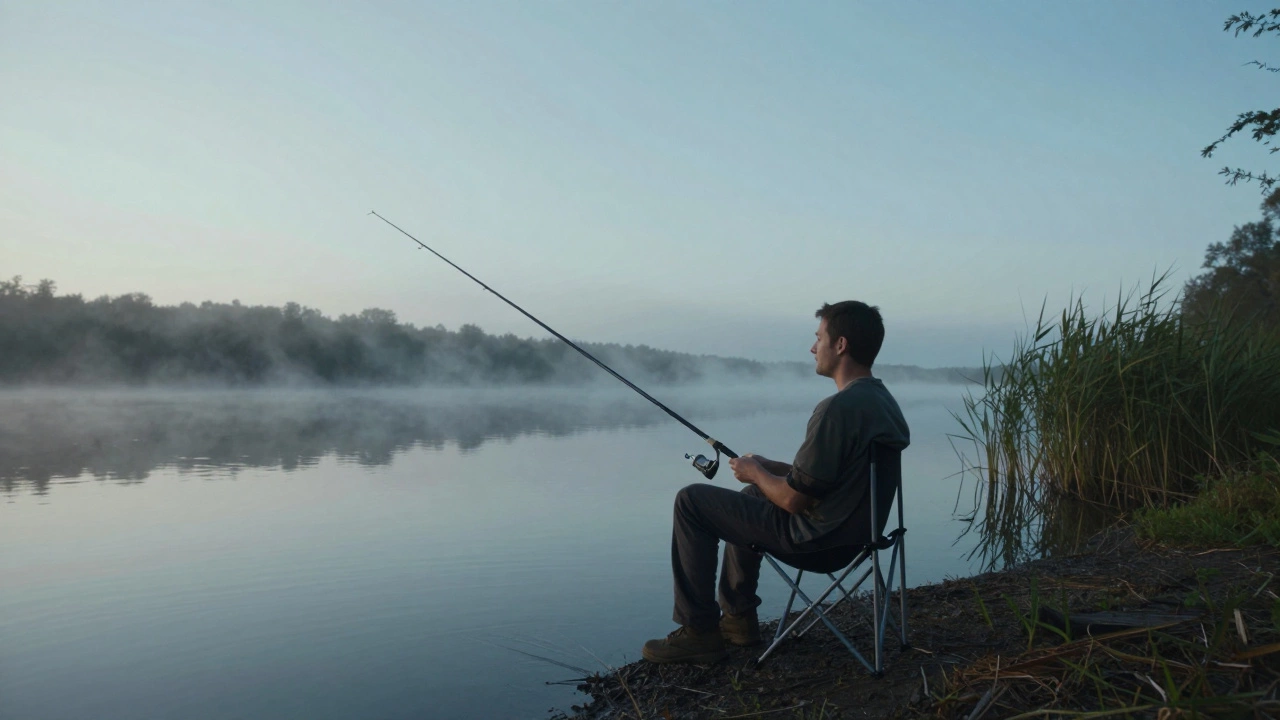 Умиротворенный рыбак сидит у воды на рассвете