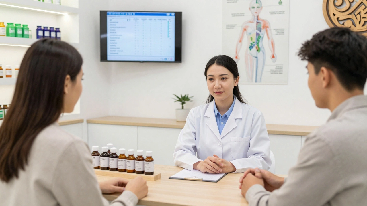 В фитоцентре специалист консультирует пациента с биодобавками на основе трав в современном кабинете.