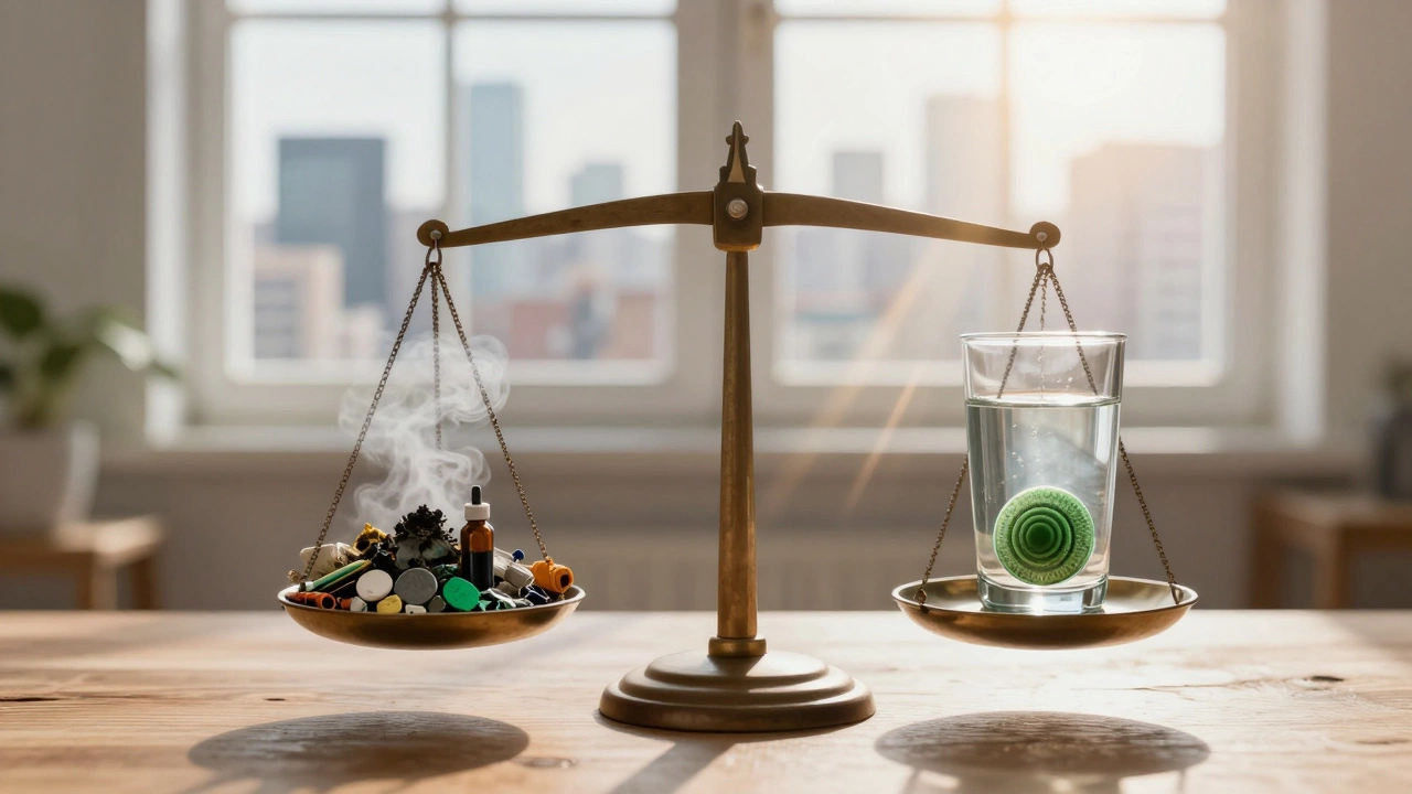 Весы с токсинами с одной стороны и спирулиной с водой — символ естественной детоксикации в городской среде.