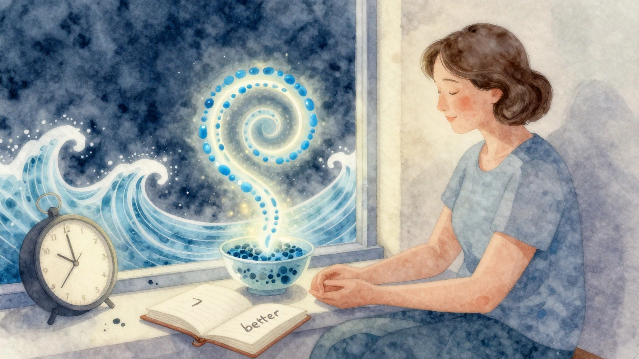 Женщина в возрасте сидит у окна, вокруг неё витают синие частицы спирулины, символизирующие облегчение приливов.